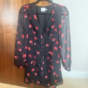 Princess Polly black mini dress with red flowers